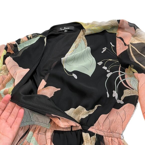 Lulus Wondrous Water Lilies Black Floral Print V-Neck‎ Slit Maxi Dress Sz Small - Picture 11 of 14